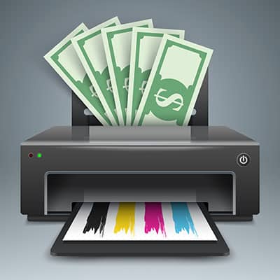 money going into a printer and colored paper coming out